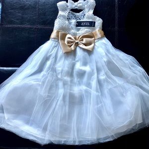White with Champagne Bow Flower Girl Dress